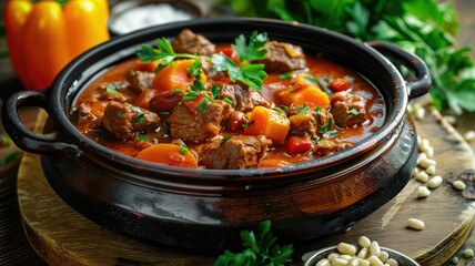 Hearty homemade beef stew in black pot - Delicious homemade beef stew with carrots, potatoes, and garnished with fresh parsley in a black ceramic pot