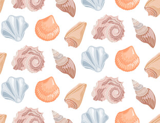 Seamless pattern of various seashells, background with seashells.