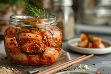 Homemade jar of Korean spicy kimchi - Freshly made spicy kimchi packed in a glass jar, garnished with sesame seeds, green onions, placed on a dark backdrop - obrazy, fototapety, plakaty