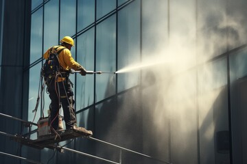 Window cleaner on a platform cleaning the windows of a high-rise facade with a pressurized hose - obrazy, fototapety, plakaty