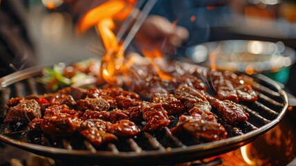 Juicy grilled beef skewers with flames - A tantalizing image capturing succulent beef skewers being grilled over open flames, perfect for food enthusiasts - obrazy, fototapety, plakaty