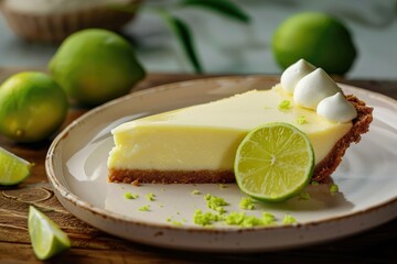 Key lime pie slice on plate with fresh limes - A single slice of key lime pie on a plate, garnished with whipped cream and fresh lime, ready to be served