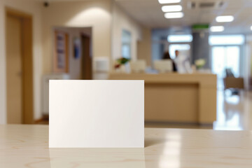White blank card on a wood countertop with blurry background of a reception room