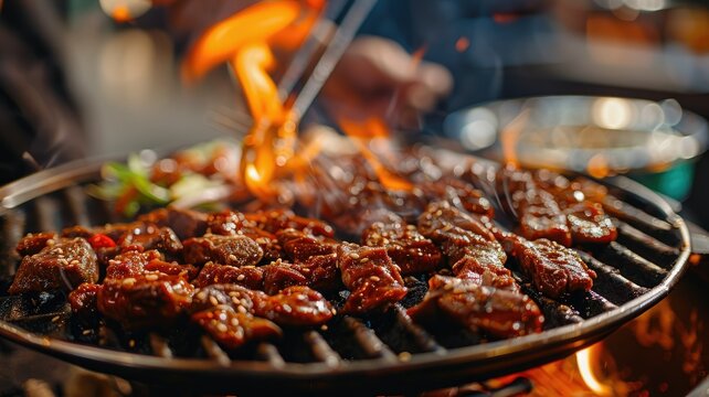 Juicy grilled beef skewers with flames - A tantalizing image capturing succulent beef skewers being grilled over open flames, perfect for food enthusiasts