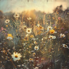 Pastoral beauty of a sunlit flower field, vintage background with nature's harmony, soft-focus on delicate blooms, and earthy tones for an old-fashioned garden.