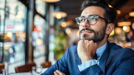 Obraz premium Businessman in Blue Suit: Portrait in Cafe, Beard and Glasses, Business Website Image