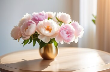 White and light pink peonies bouquet in vase iron with mug sun light window modern interrior bokeh spring