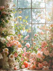 Old-fashioned garden vibe, blooming beauty with delicate floral patterns, sunlit flowers against a backdrop of nostalgic scenery and nature's tranquility.