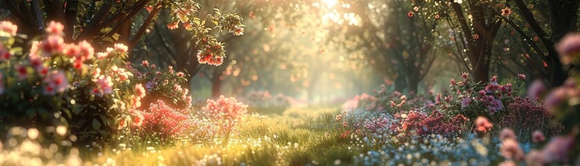 An old-fashioned garden exudes vintage charm with delicate blooms, warm sunlight, and nature's harmony and beauty. - obrazy, fototapety, plakaty