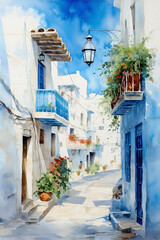 Watercolor painting of greek small town
