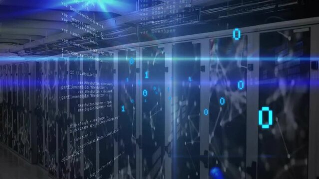 Animation of binary coding with digital data processing over computer servers
