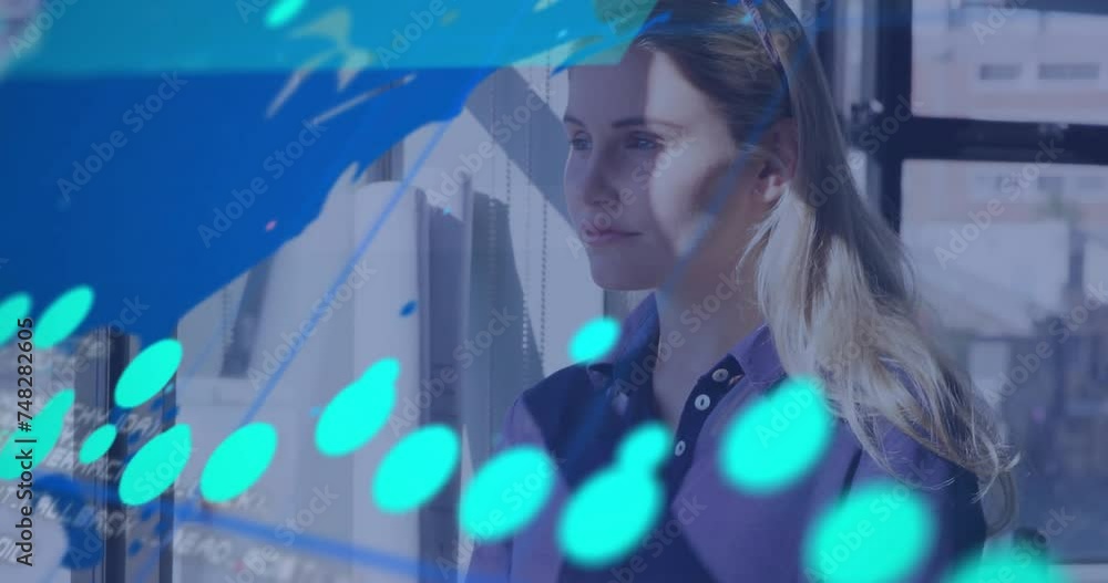 Poster animation of financial data processing over caucasian businesswoman using computer