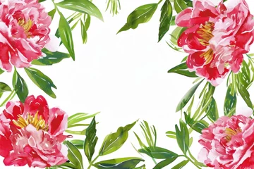Wandcirkels tuinposter Watercolor illustration of a frame of summer peony flowers, inside there is space for text, copy space, summer background © pundapanda