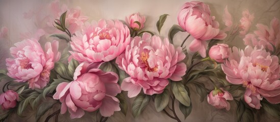 A painting of fresh pink peony flowers beautifully displayed on a wall, adding a touch of elegance and color to the room decor. The delicate petals and vibrant hues bring a sense of nature indoors.