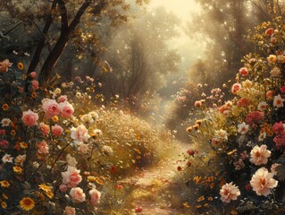 Soft-focus flowers and vintage botany combine in a tranquil landscape with blooming beauty and earthy tones in nature's artwork.