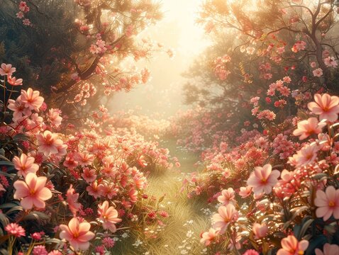 Nature's gentle, sunlit garden displays blooming beauty, vintage botany, a tranquil landscape with soft-focus flowers, and earthy tones. © Fokasu Art