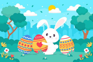 Obraz na płótnie Canvas Happy Easter Celebration Background Template. Easter Day with Rabbit and Eggs Illustration for Wallpaper or Banner
