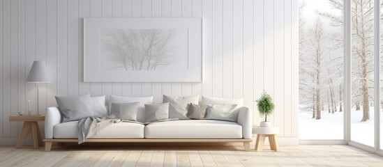 A white Scandinavian living room featuring a white couch, a painting hanging on the wall, a vase, a lamp, and decor on the large wall.