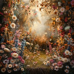 Fototapeta na wymiar An enchanted garden displays delicate wildflowers in a sunlit field, revealing earthy tones and tranquil essence.