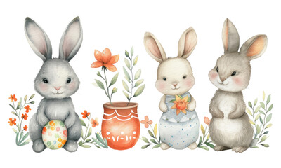 Fototapeta premium Cute watercolor easter cute bunny with eggs and pastel beauty flowers isolated on white background on green grass