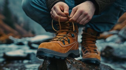 Close up of man's hands tying shoelaces on his hiking boots - obrazy, fototapety, plakaty