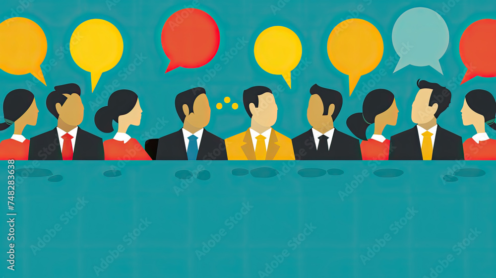 Poster diverse group of individuals engaging in conversation, each with a speech bubble above them, illustr