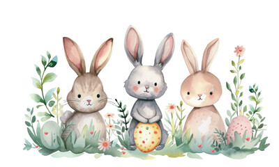 Cute watercolor easter cute bunny with eggs and pastel beauty flowers isolated on transparent background