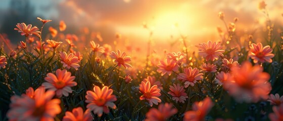 A sun-kissed meadow, with soft-focus flowers, rustic charm, vintage feel, captures spring essence in peaceful nature.