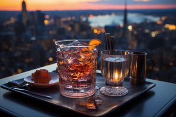 beautiful cocktail (s) at a rooftop bar overlooking a gorgeous city	
