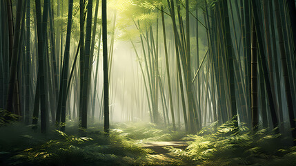 Naklejka premium Tranquil bamboo forest, tall bamboo stalks create a dense and peaceful atmosphere