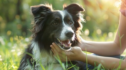 Portrait of a happy black and white border collie in the park Photo of a loving mistress's hand stroking her fluffy dog