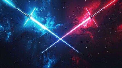 Vector illustration depicting two crossed light swords engaged in a fight, with blue and red lasers intersecting. These design elements can be used in various projects