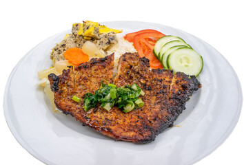 Com tam or broken rice, Vietnamese cuisine. Grilled pork over broken rice. A typical Vietnamese breakfast dish. Rice is cooked after being literally broken. Grilled pork ribs, pickle eggs are on top