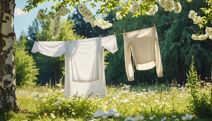 White washed laundry hangs on a line in the beautiful nature in the summer sunshine - ai generated