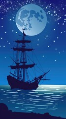 Fototapeta premium Silhouette of a sailing ship against the backdrop of the full moon.
