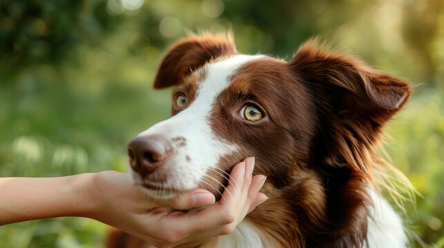Portrait of a happy brown and white border collie in the park. A photo of a loving housewife's hand stroking her fluffy dog