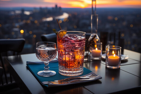 beautiful cocktail (s) at a rooftop bar overlooking a gorgeous city	
