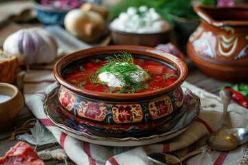Traditional borscht in a decorated bowl - A traditional Eastern European borscht soup in a beautifully decorated bowl, on a rustic wooden setting