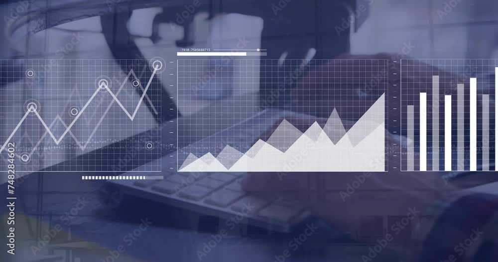 Poster animation of financial data processing over caucasian businessman using computer