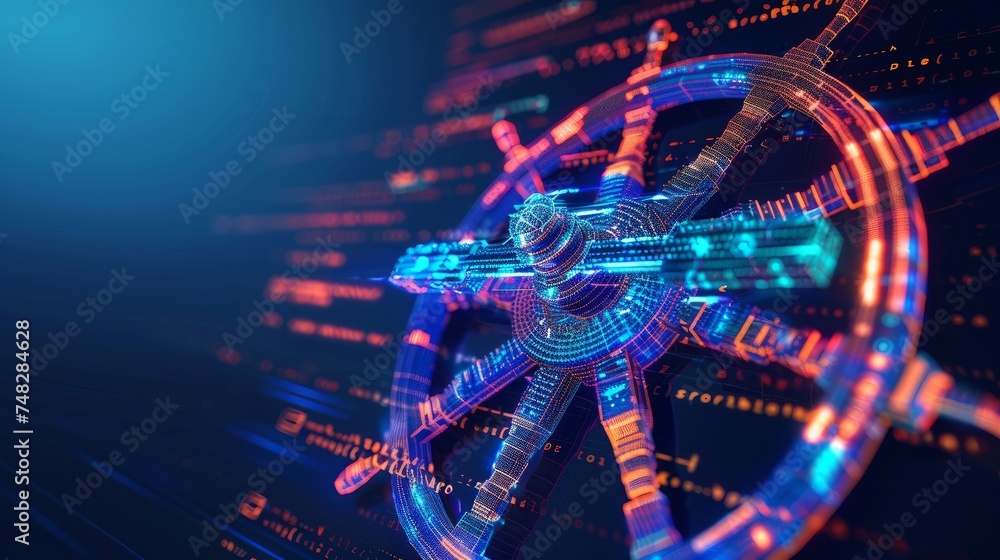 Wall mural a 3d low polygonal vector illustration featuring a wheel helm symbolizing computer developer app con