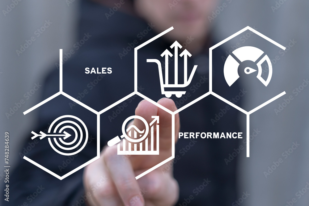 Poster man using virtual touch interface sees inscription: sales performance. sales performance management 