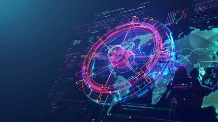 A 3D low polygonal vector illustration featuring a wheel helm symbolizing computer developer app concepts, including business digital open-source programs and data coding - obrazy, fototapety, plakaty