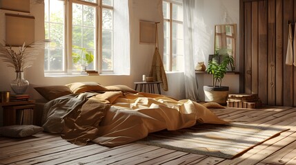 Earth Tone Room with Brown Bed and Wooden Accents