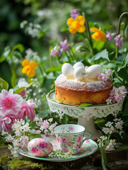 Obraz na płótnie Canvas Easter cake and flowers, holiday Easter photo