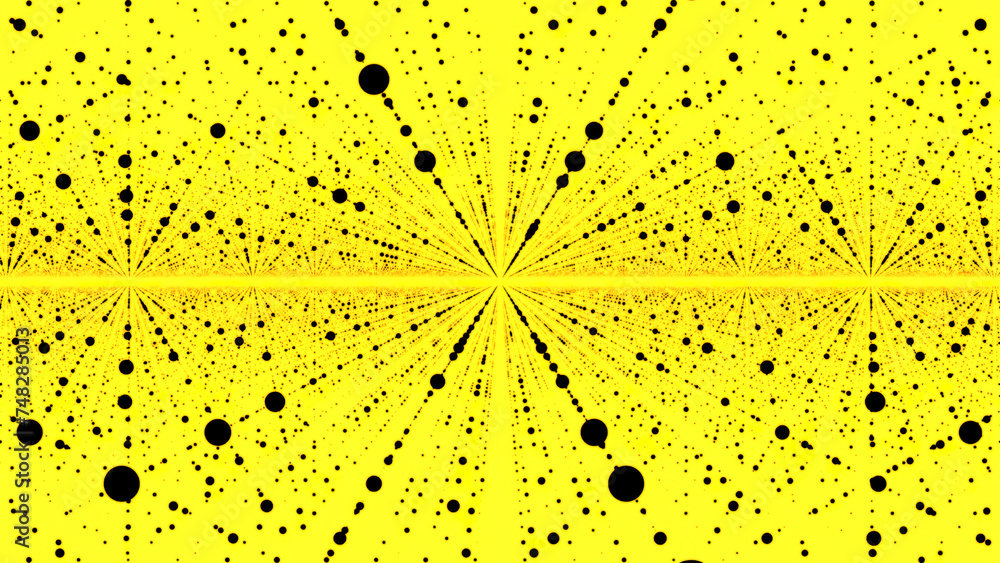 Poster flying inside abstract space with rows of flying dots. animation. endless quantity of levitating sph
