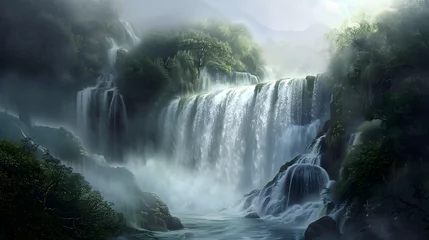 Foto auf Acrylglas Waldfluss mystical waterfall wallpaper. Generative AI