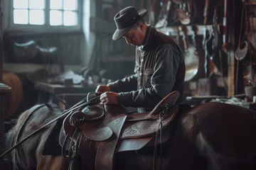 Selbstklebende Fototapeten Workshop for making leather saddles for horses, a man makes a saddle, equestrian equipment © serz72