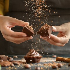 Two hands breaking a piece of chocolate and crumbs falling  - 748285018