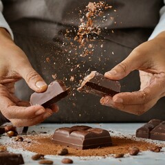 Two hands breaking a piece of chocolate and crumbs falling  - 748285026
