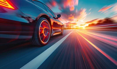 Zelfklevend Fotobehang Car driving on highway, motion blur effect © piai